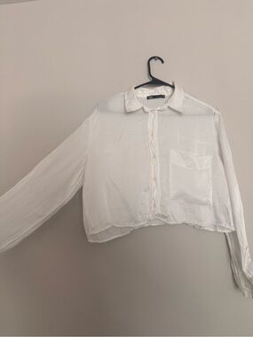 Zara White Cropped Button-Down Shirt